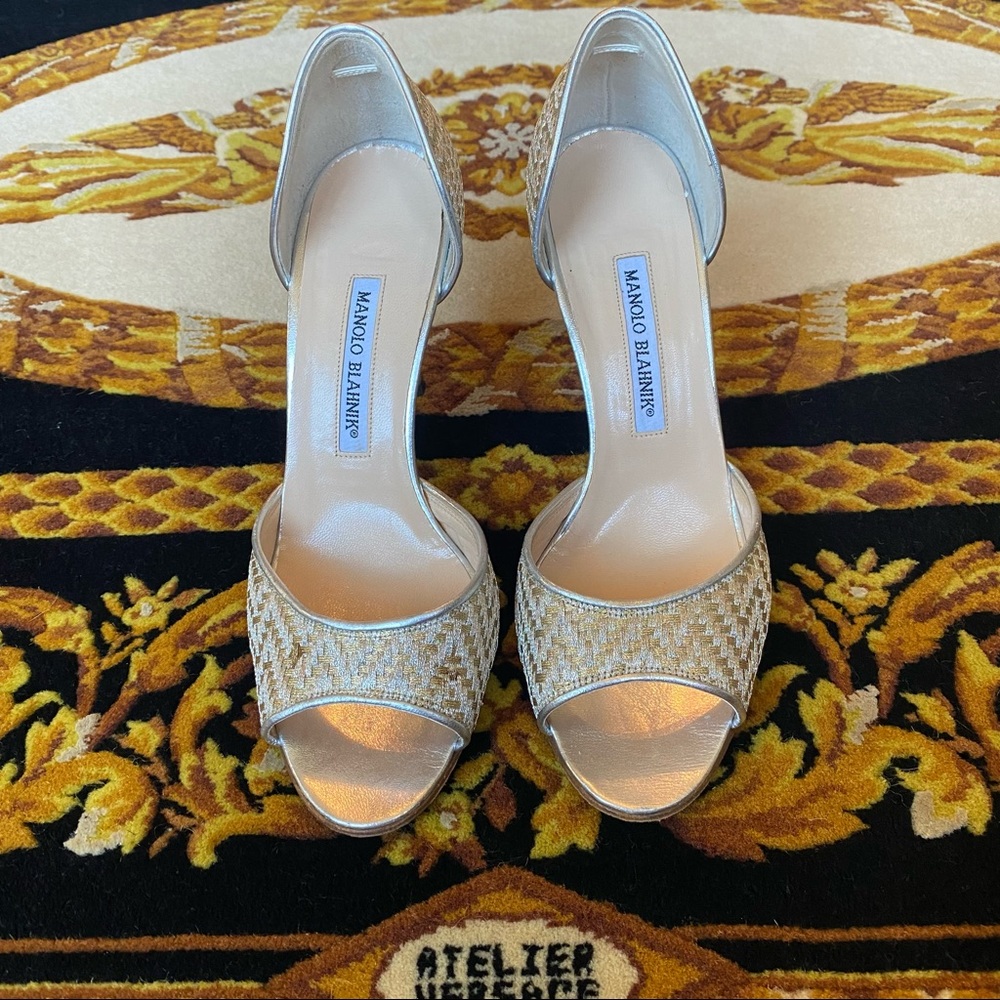 Manolo Blahnik Metallic Gold Open-Toe D'Orsay Heels